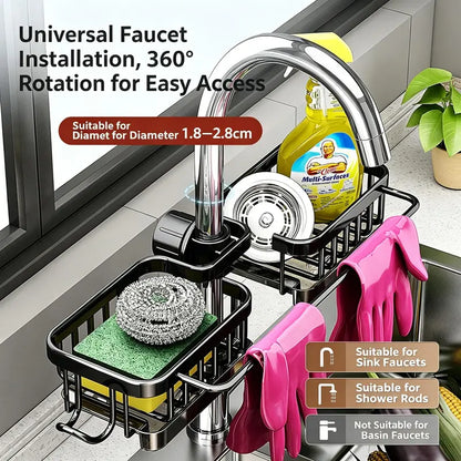 🧽 Faucet-Mounted Sink Organizer Rack with Drip Tray – No Drilling, Space-Saving Sponge Holder