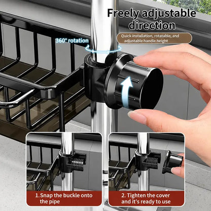 🧽 Faucet-Mounted Sink Organizer Rack with Drip Tray – No Drilling, Space-Saving Sponge Holder