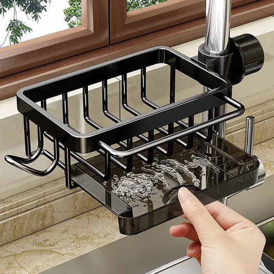 🧽 Faucet-Mounted Sink Organizer Rack with Drip Tray – No Drilling, Space-Saving Sponge Holder